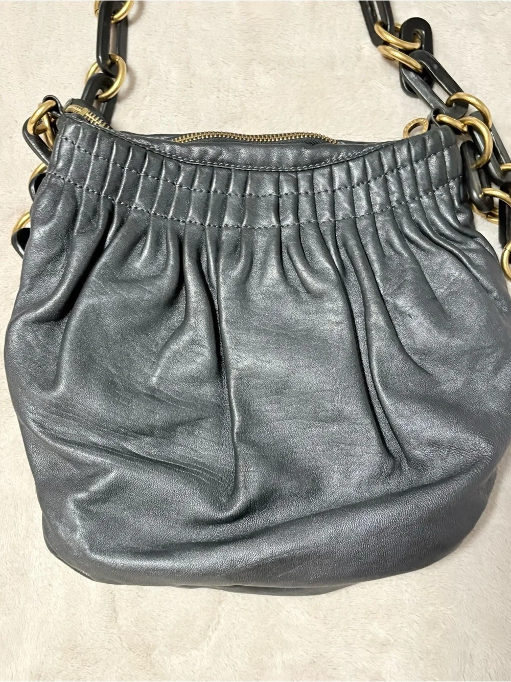 Marc By Marc Jacobs Single Strap Metallic‎ Hobo Handbag Gray Black Leather Chain